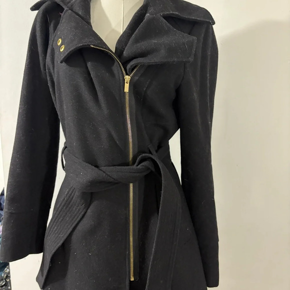 Women’s Sz Small Asymmetrical Wool Blend Black Wrap Peacoat Siena Studio Belted - Picture 3 of 9